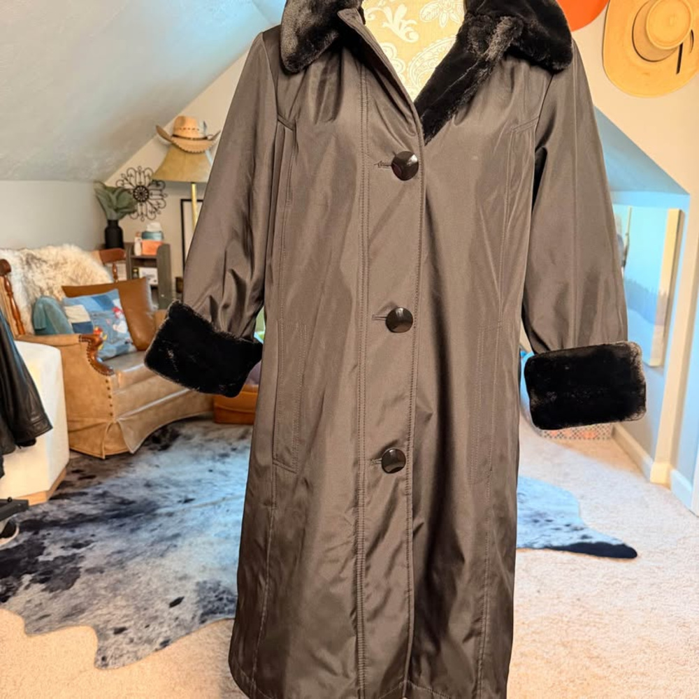 Black Hooded Long Coat with Faux Fur Trim and Lining